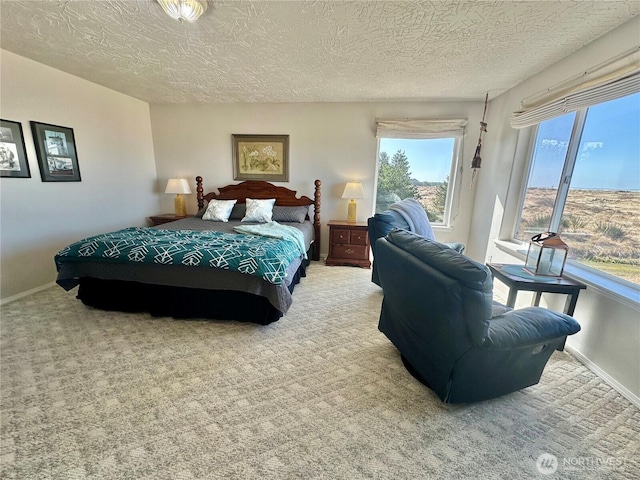 carpeted bedroom featuring a textured ceiling and baseboards