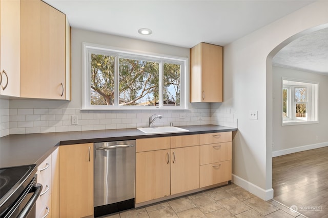 kitchen with tasteful backsplash, plenty of natural light, light brown cabinetry, and sink