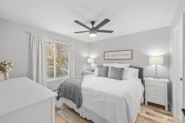 bedroom featuring ceiling fan and light hardwood / wood-style flooring