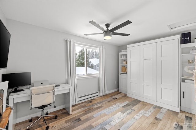 office space featuring light hardwood / wood-style floors, ceiling fan, and baseboard heating