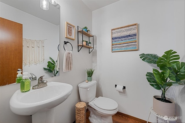 bathroom with wood-type flooring, toilet, and sink