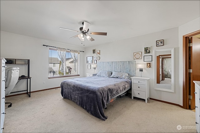 bedroom with light colored carpet and ceiling fan