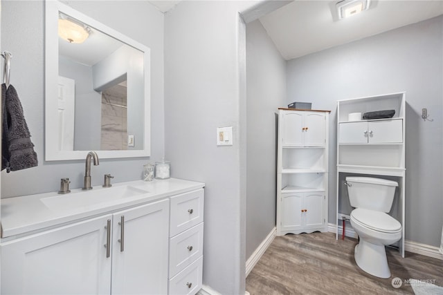 bathroom with vanity, hardwood / wood-style floors, and toilet