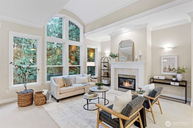 sunroom featuring a tiled fireplace