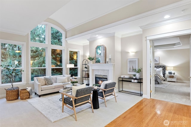 carpeted living room with crown molding