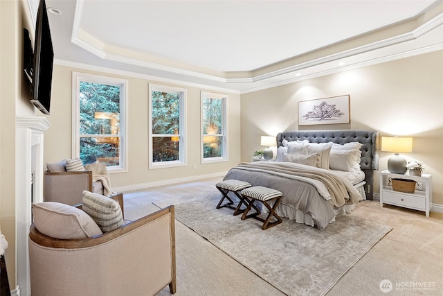 carpeted bedroom featuring a tray ceiling and crown molding