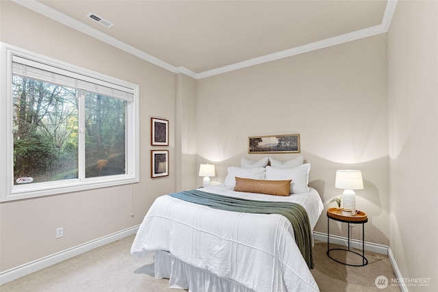 bedroom featuring light carpet and ornamental molding