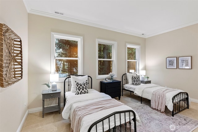 carpeted bedroom featuring ornamental molding