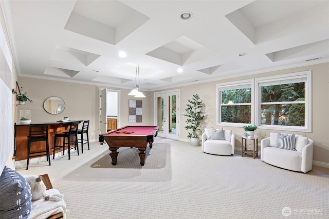 playroom featuring french doors, billiards, coffered ceiling, ornamental molding, and light colored carpet