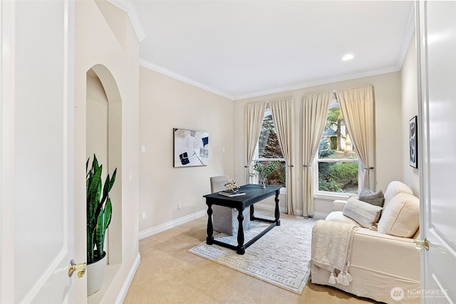 office area with ornamental molding and light colored carpet