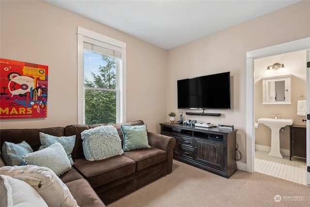 carpeted living room with sink