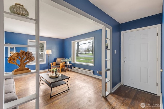 entryway featuring dark wood-style flooring, baseboard heating, plenty of natural light, and baseboards