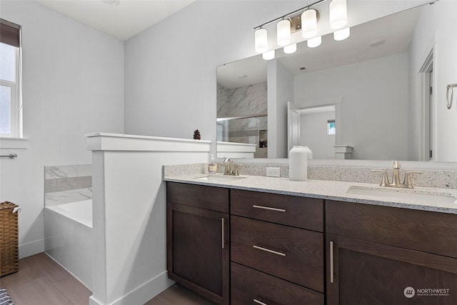 bathroom featuring vanity, wood-type flooring, and a shower with shower door