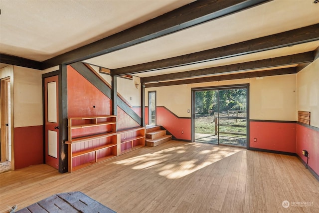 interior space with beamed ceiling and wood-type flooring