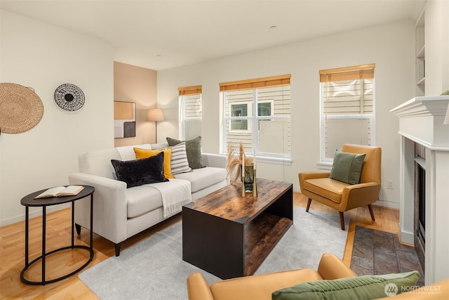 living room featuring baseboards, a fireplace with flush hearth, and wood finished floors