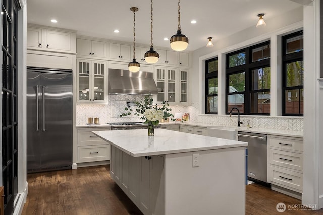 kitchen featuring a kitchen island, glass insert cabinets, stainless steel appliances, ventilation hood, and a sink