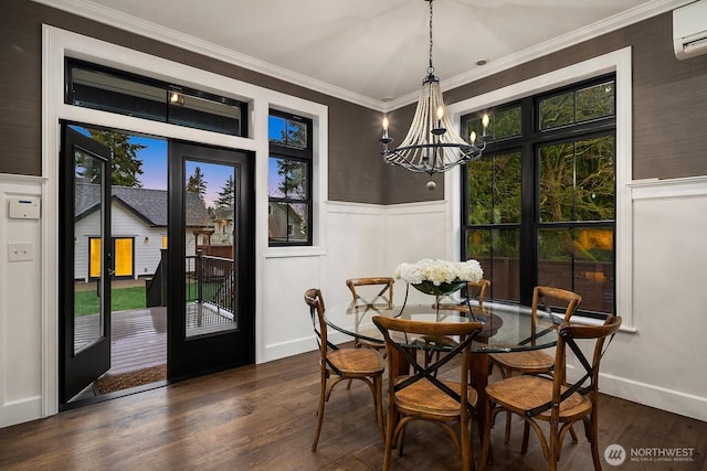 dining room with a wainscoted wall, crown molding, dark wood-style floors, and an AC wall unit