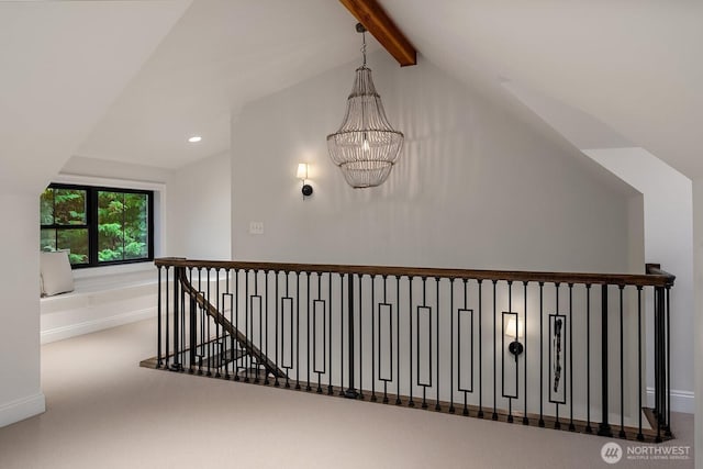 hallway with vaulted ceiling with beams, a notable chandelier, recessed lighting, an upstairs landing, and baseboards