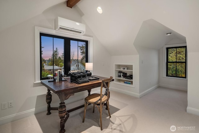 home office featuring light carpet, built in shelves, lofted ceiling with beams, and a wall unit AC