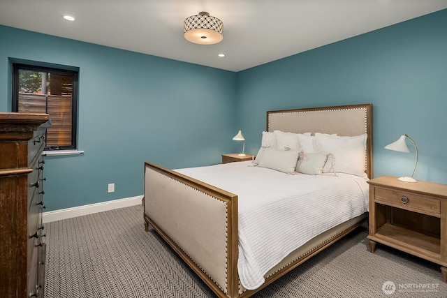 bedroom featuring baseboards, carpet flooring, and recessed lighting