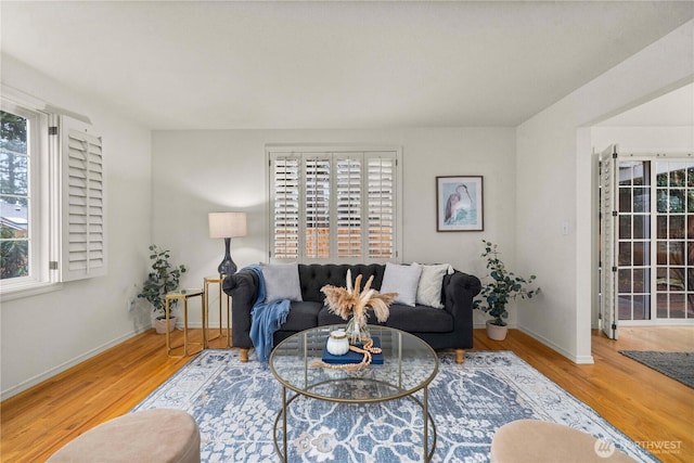 living room with baseboards and wood finished floors