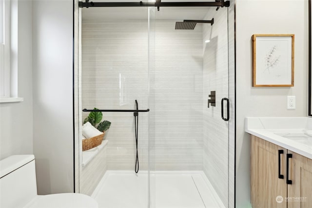 bathroom featuring vanity, a shower with door, and toilet