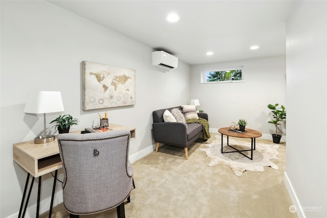 interior space with light colored carpet and a wall mounted air conditioner