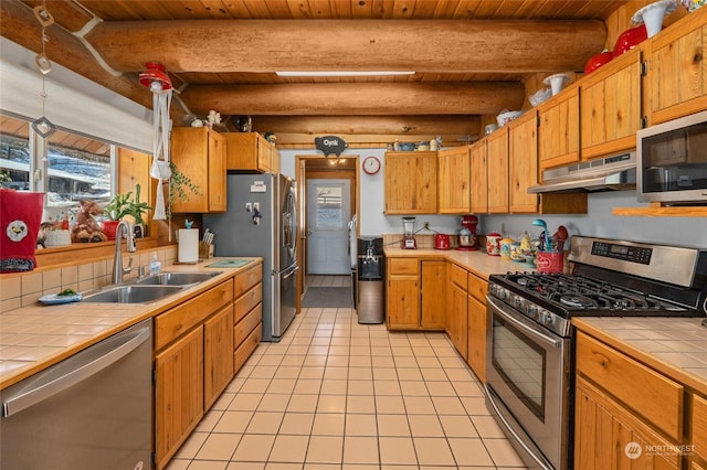 kitchen featuring appliances with stainless steel finishes, sink, tile countertops, and wooden ceiling