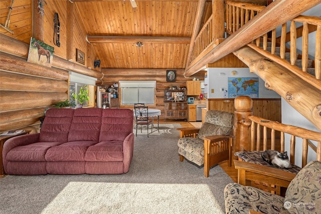 carpeted living room with beam ceiling, wood ceiling, and high vaulted ceiling