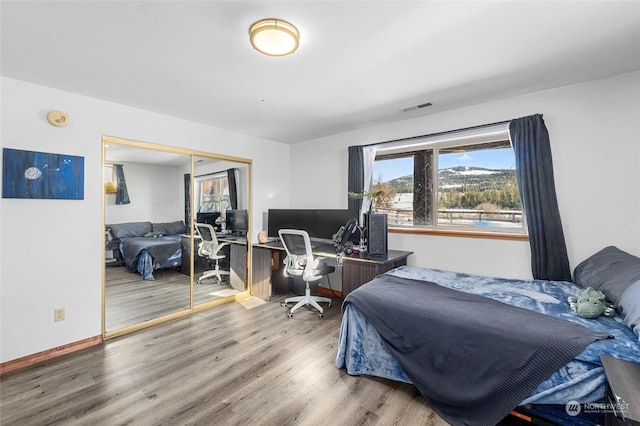 bedroom with hardwood / wood-style flooring and a closet