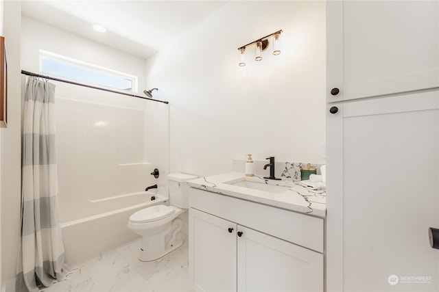 full bathroom with shower / tub combo, vanity, and toilet