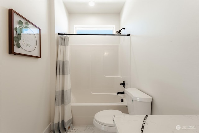 bathroom with toilet and shower / bath combo with shower curtain