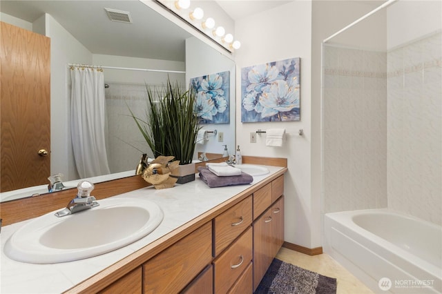 full bath featuring double vanity, shower / bath combo, visible vents, and a sink