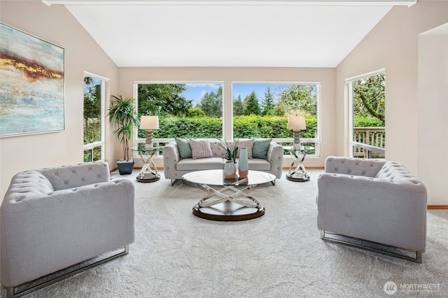 living area featuring carpet and vaulted ceiling