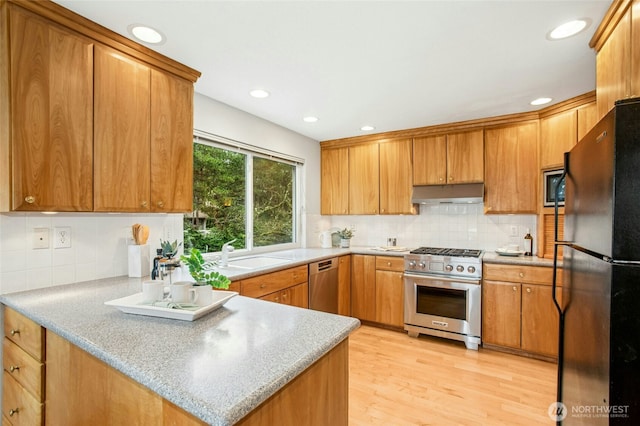 kitchen featuring a peninsula, light wood-style flooring, a sink, stainless steel appliances, and under cabinet range hood