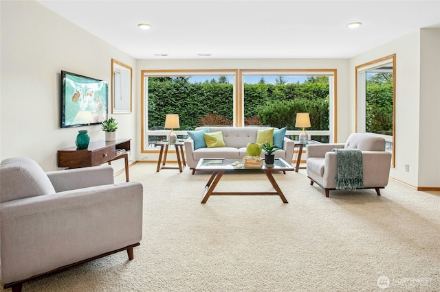 living room with baseboards and carpet