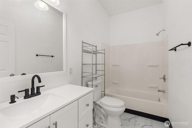 full bathroom with vanity, bathtub / shower combination, and toilet