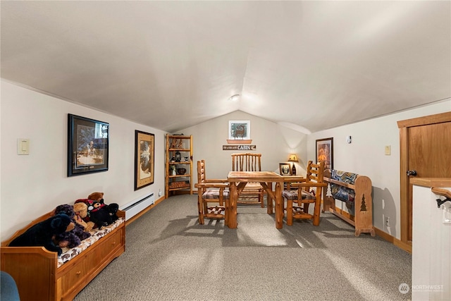 dining area with lofted ceiling, a baseboard heating unit, and carpet floors