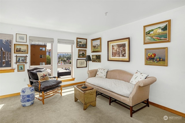 sitting room featuring carpet and baseboards