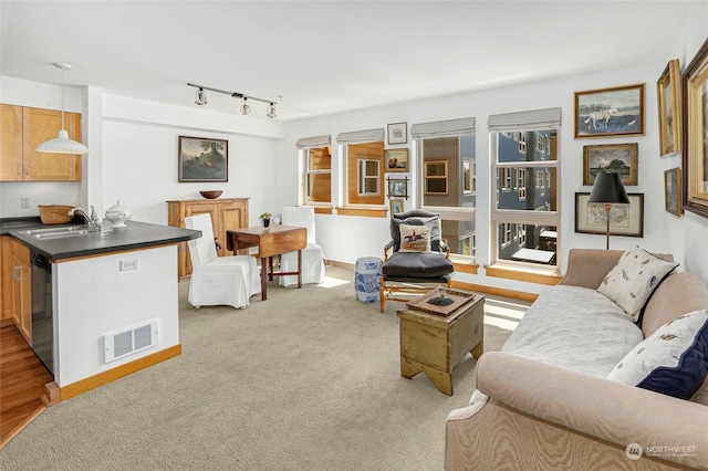 living room with baseboards, rail lighting, visible vents, and light colored carpet