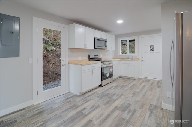 kitchen with white cabinetry, stainless steel appliances, light hardwood / wood-style floors, and electric panel