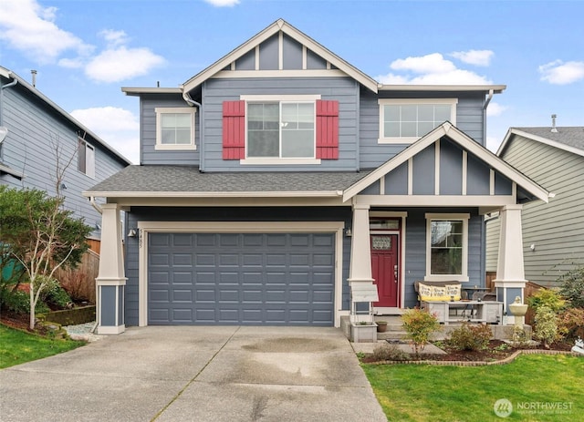 craftsman-style house with a garage, roof with shingles, a porch, and driveway