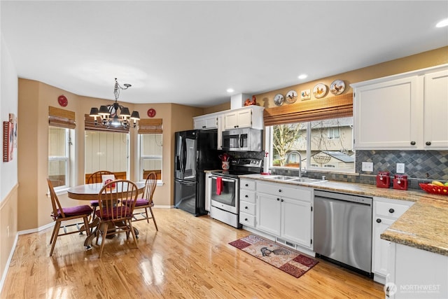 kitchen with decorative backsplash, appliances with stainless steel finishes, white cabinets, and a sink