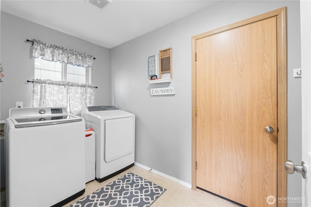 clothes washing area with laundry area, visible vents, washer and clothes dryer, and baseboards