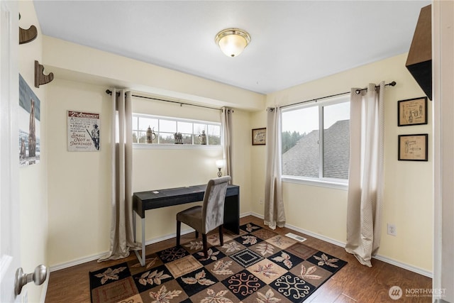 home office featuring dark wood-type flooring, visible vents, and baseboards