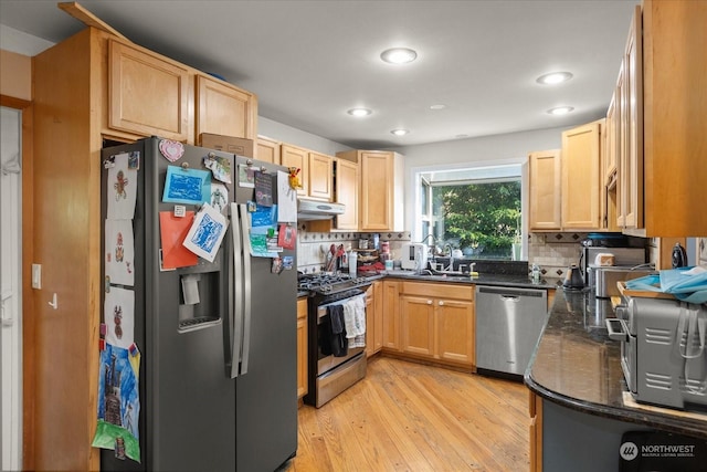 kitchen featuring under cabinet range hood, light brown cabinets, light wood finished floors, and appliances with stainless steel finishes