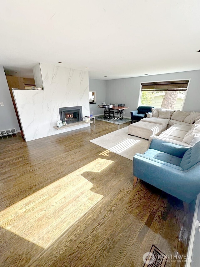 living area featuring a fireplace and wood finished floors