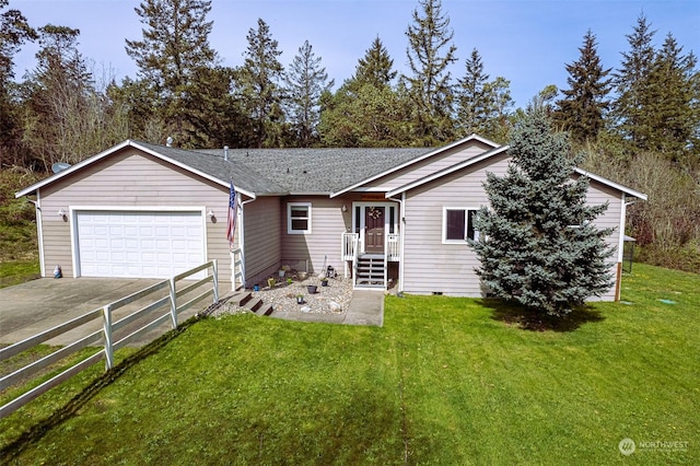 ranch-style home with a garage and a front lawn