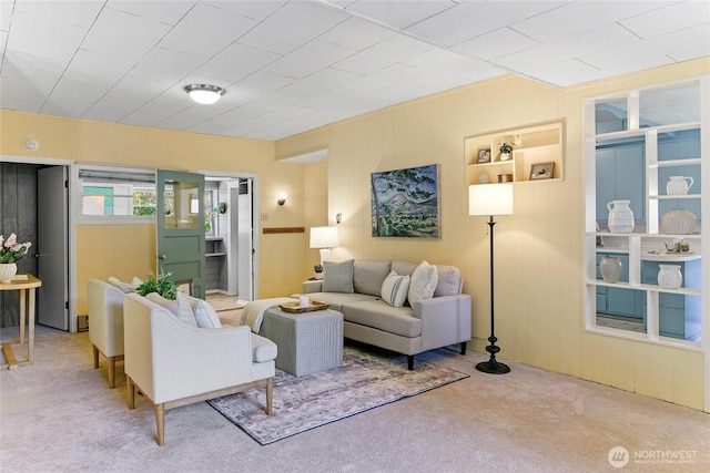 carpeted living room featuring wood walls