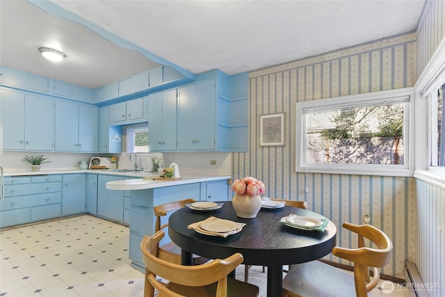 kitchen featuring sink, blue cabinetry, and kitchen peninsula